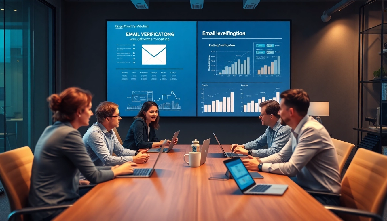 Équipe professionnelle discutant des stratégies de validation d'email en ligne dans un bureau moderne.