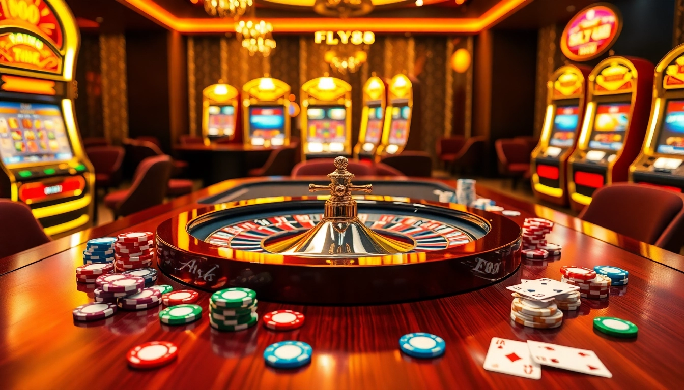 Experience the thrill at FLY88's luxurious casino, featuring vibrant roulette and poker activities.