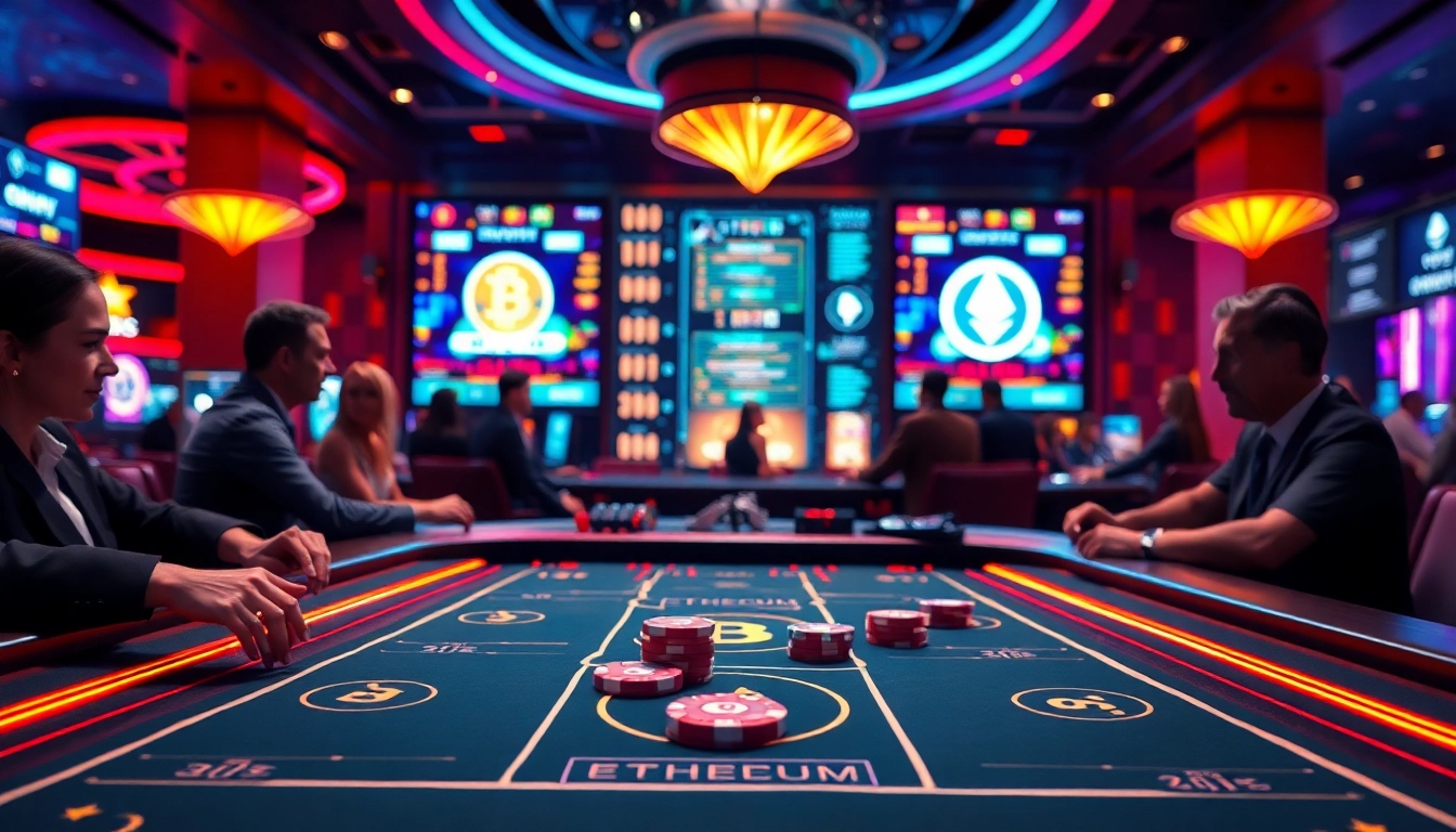 Des joueurs profitant d'une expérience de crypto casino moderne avec des symboles de cryptomonnaie lumineux.