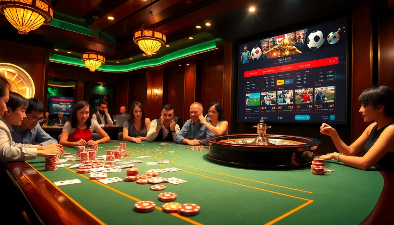 Exciting gambling atmosphere with a casino table and elements from https://j88.gives/ featuring poker chips and roulette.