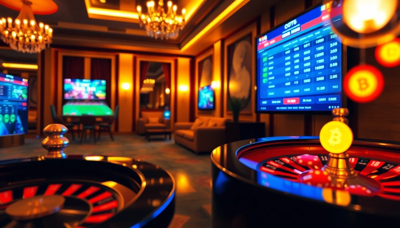 An exciting scene illustrating site paris sportif retrait instantané, featuring an immersive digital betting interface with vibrant casino elements like poker chips and roulette wheels.