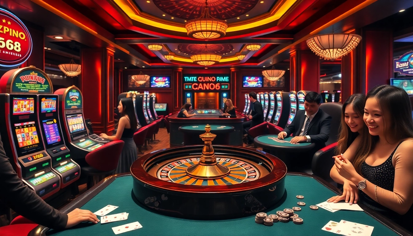 IWIN68 players enjoying a vibrant and luxurious casino experience with roulette and slot machines.