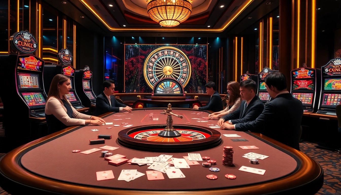 Exciting gaming action at Nhà cái C168 casino, featuring professional dealers and vibrant slot machines.