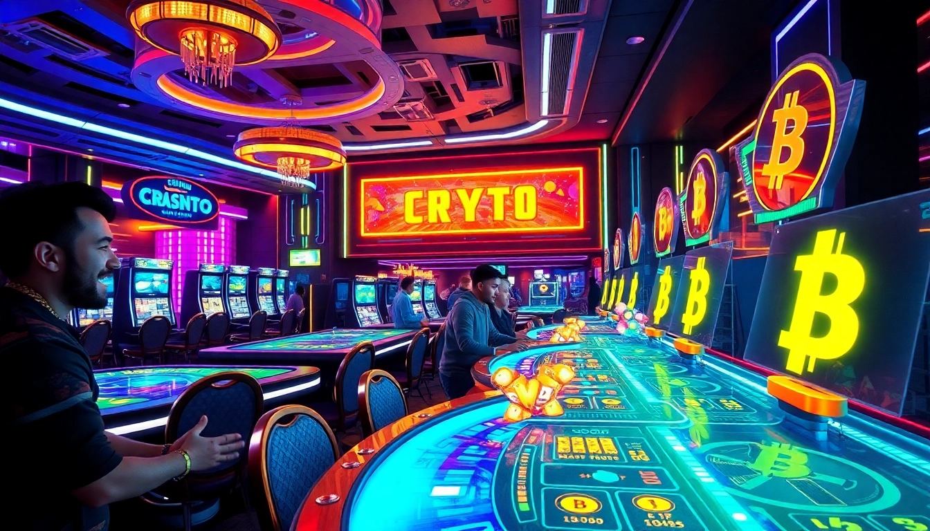 Jouez à des jeux palpitants dans un casino crypto animé avec des lumières néon.