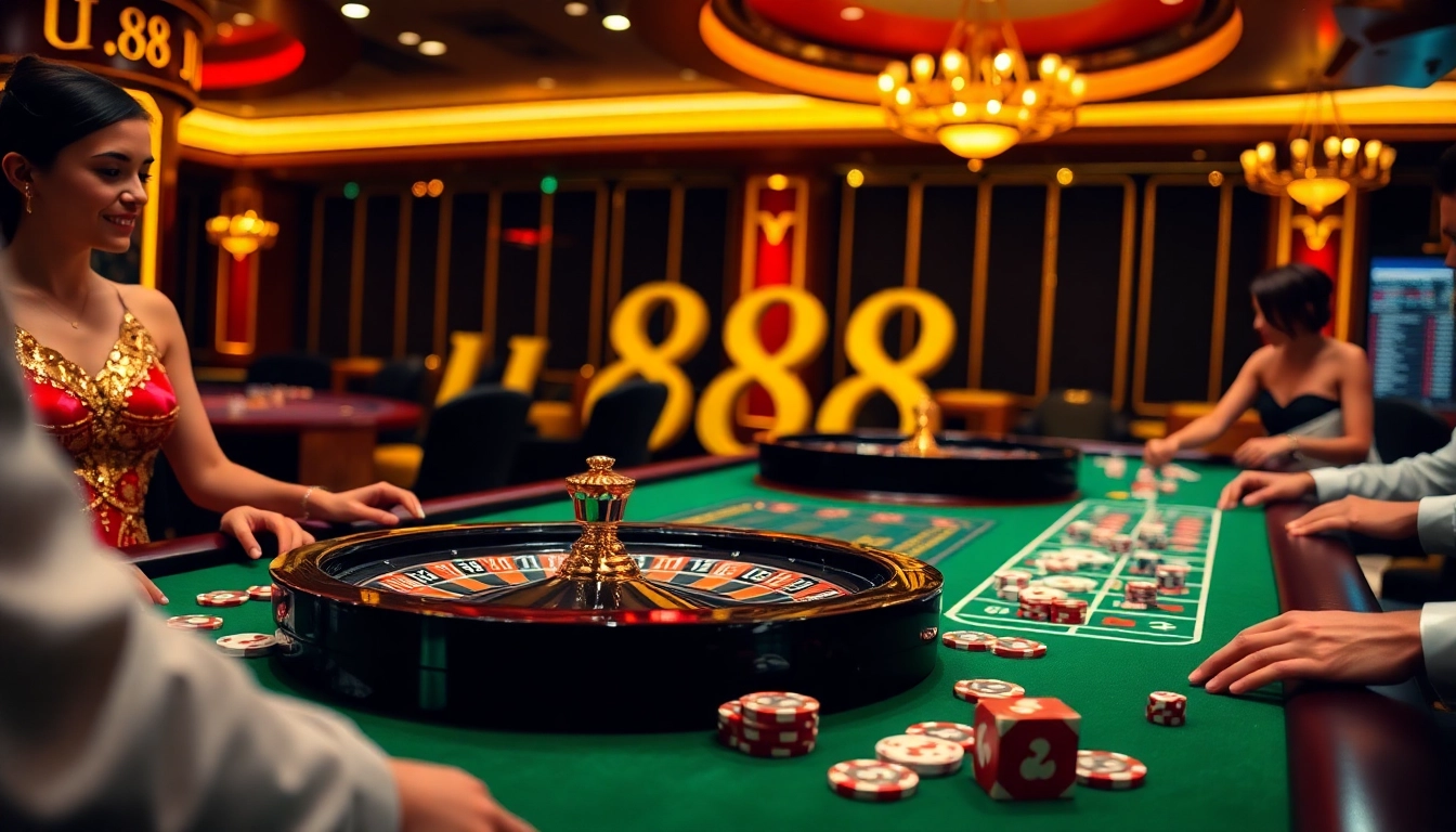 Players actively engaging in a thrilling u 888 casino table game with roulette and cards.