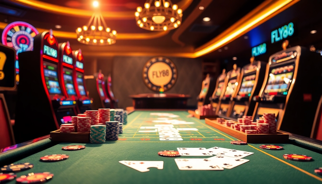 Engaging gambling scene at FLY88 casino showcasing vibrant poker chips and slot machines.