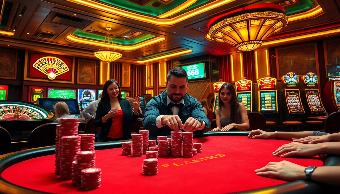 Experience the thrill of poker at https://mb668.co/ with vibrant chips and an excited dealer in an opulent casino setting.