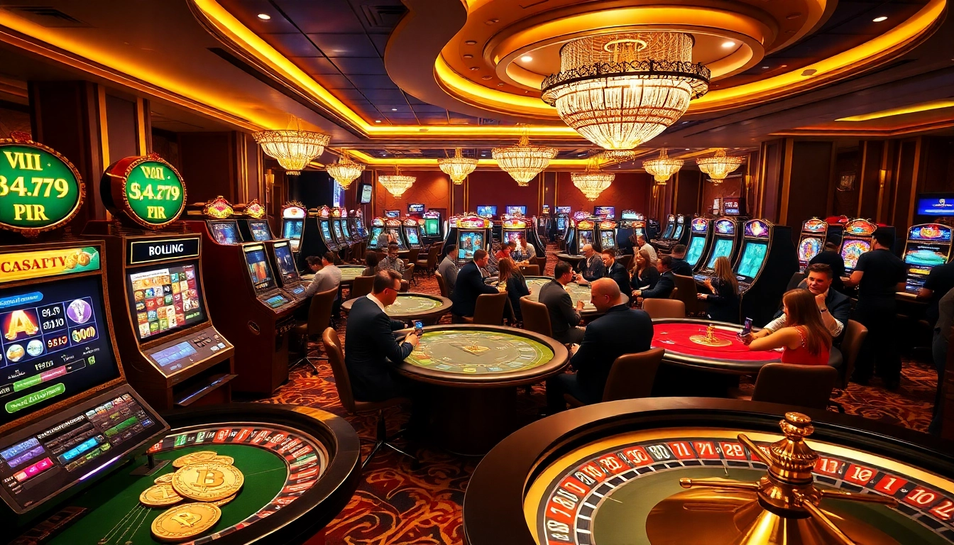 Experience the thrill of the best crypto casino with vibrant gaming floor visuals featuring slot machines and poker tables.