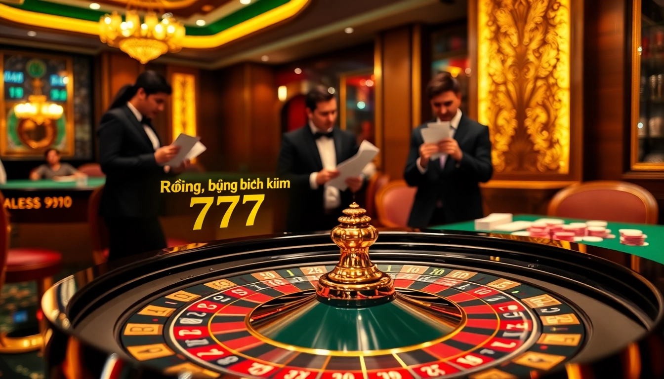 Experience the thrill of rồng bạch kim 777 as gamblers engage at a roulette table in a luxurious casino setting.
