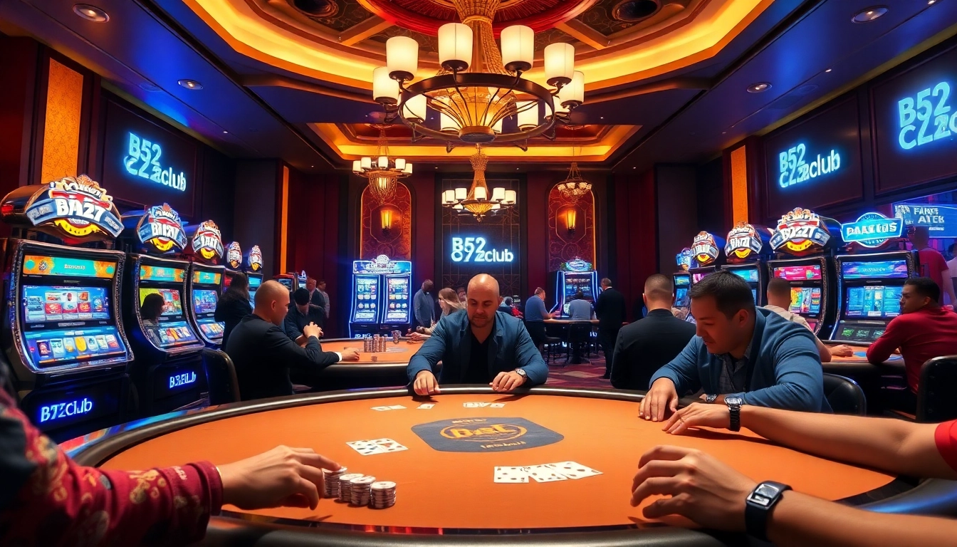 B52club players enjoying an exciting game at poker tables in a vibrant casino.