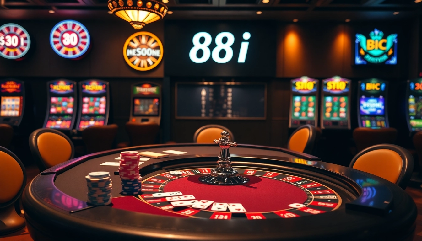 88i casino scene featuring a vibrant poker table with chips, cards, and a roulette wheel.