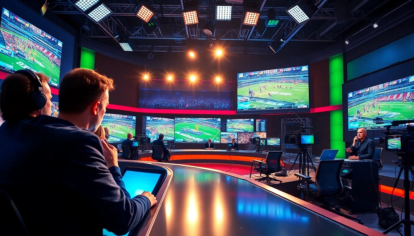 Dynamic scene of sports broadcasting with commentators and live feeds.