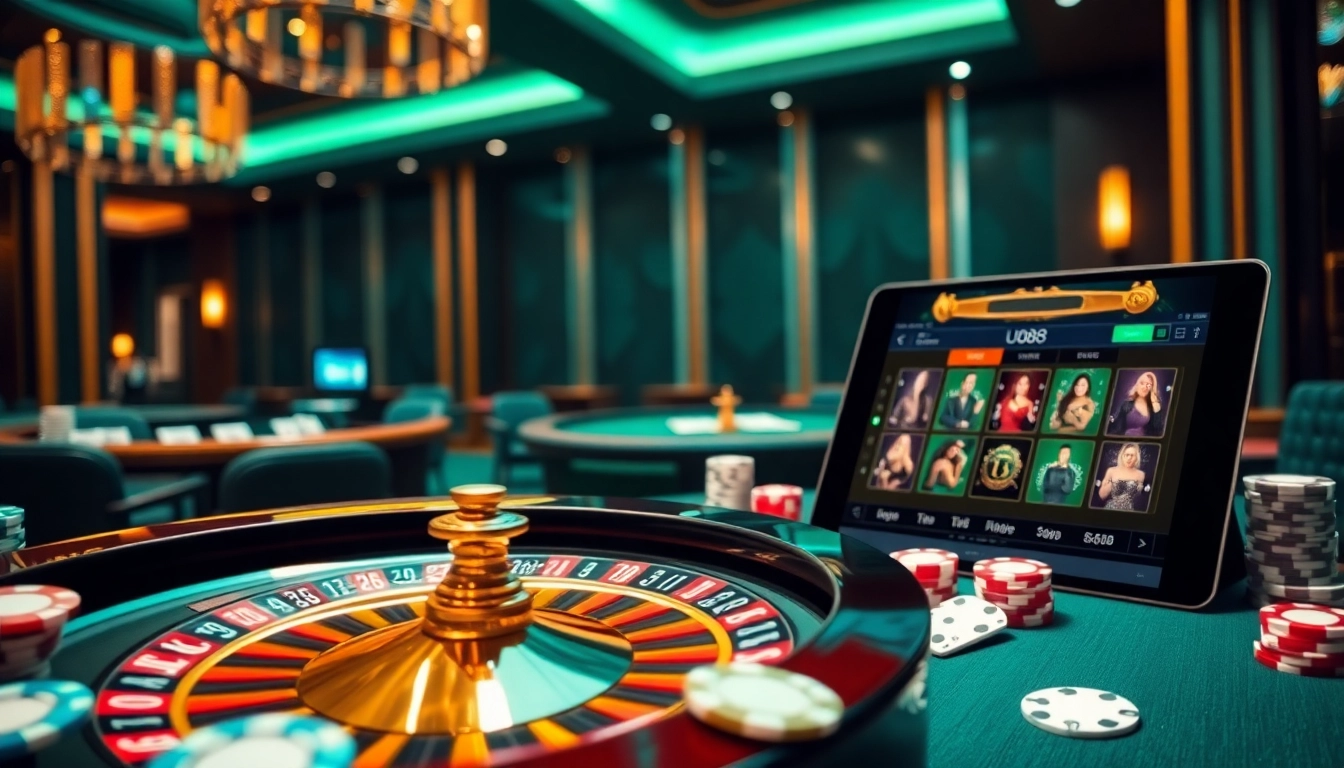 Experience excitement at UU88 casino with roulette, poker cards, and vibrant atmosphere.