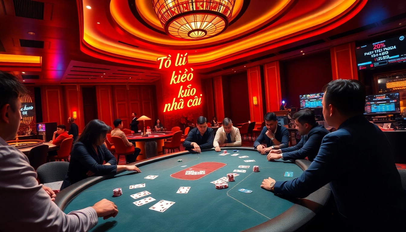 Experience the thrill of tỷ lệ kèo nhà cái at a vibrant casino featuring a high-stakes poker table.