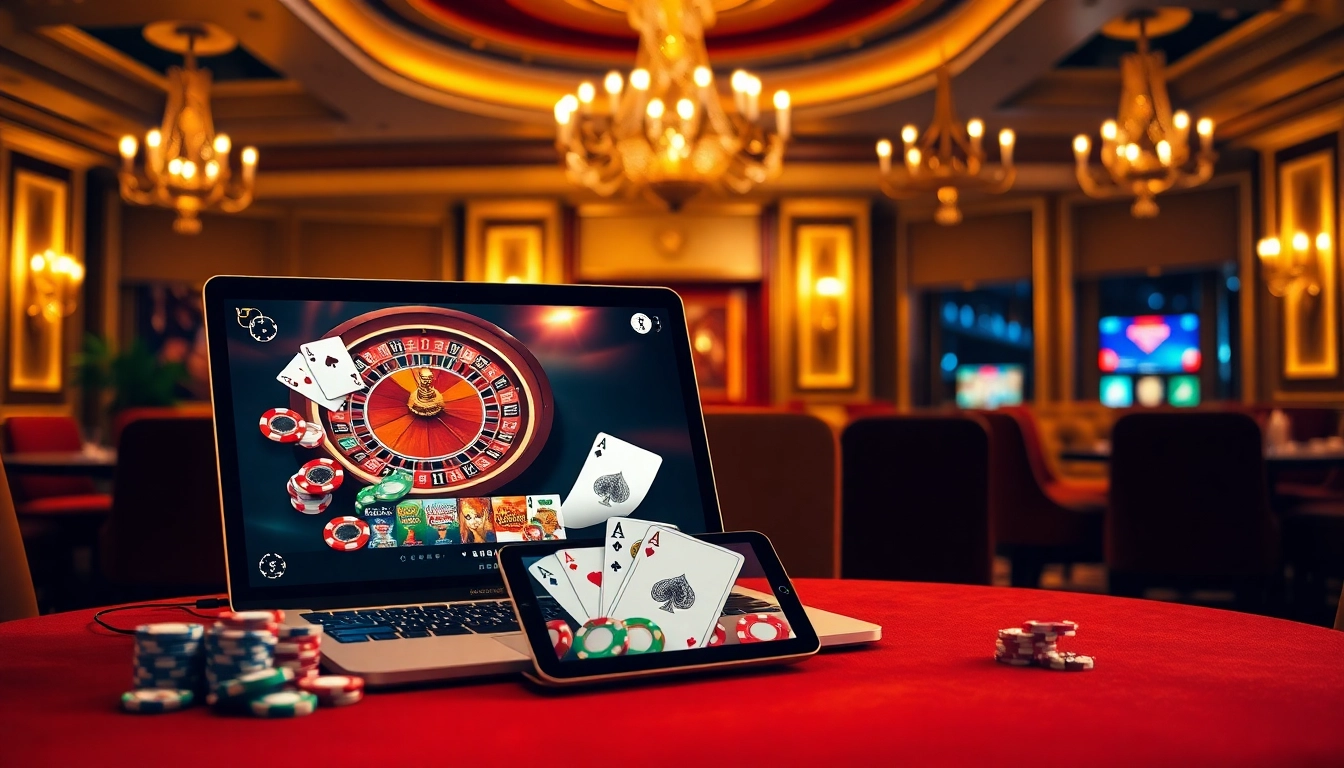 Engage in the excitement of casino en ligne bonus sans dépôt with a vibrant online gambling scene featuring poker chips and a roulette wheel.