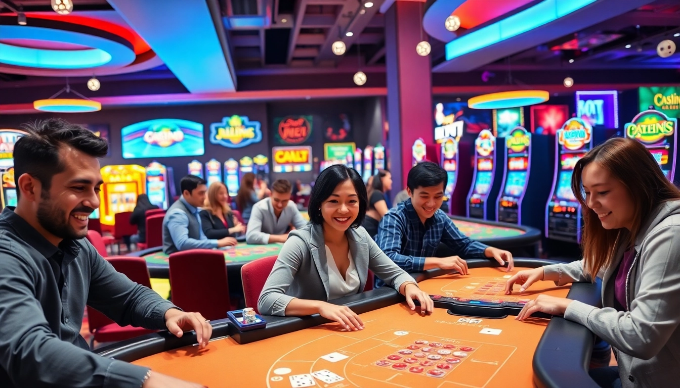 Joueurs profitant des jeux de casino en ligne dans une ambiance dynamique et enjouée.