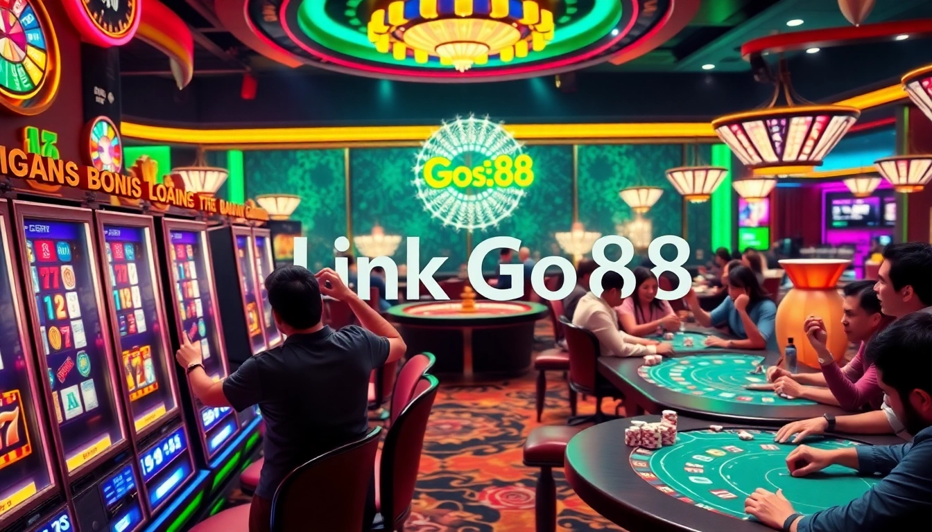 Experience the excitement of winning at Link Go88's luxurious casino with vibrant slot machines and cheerful players.