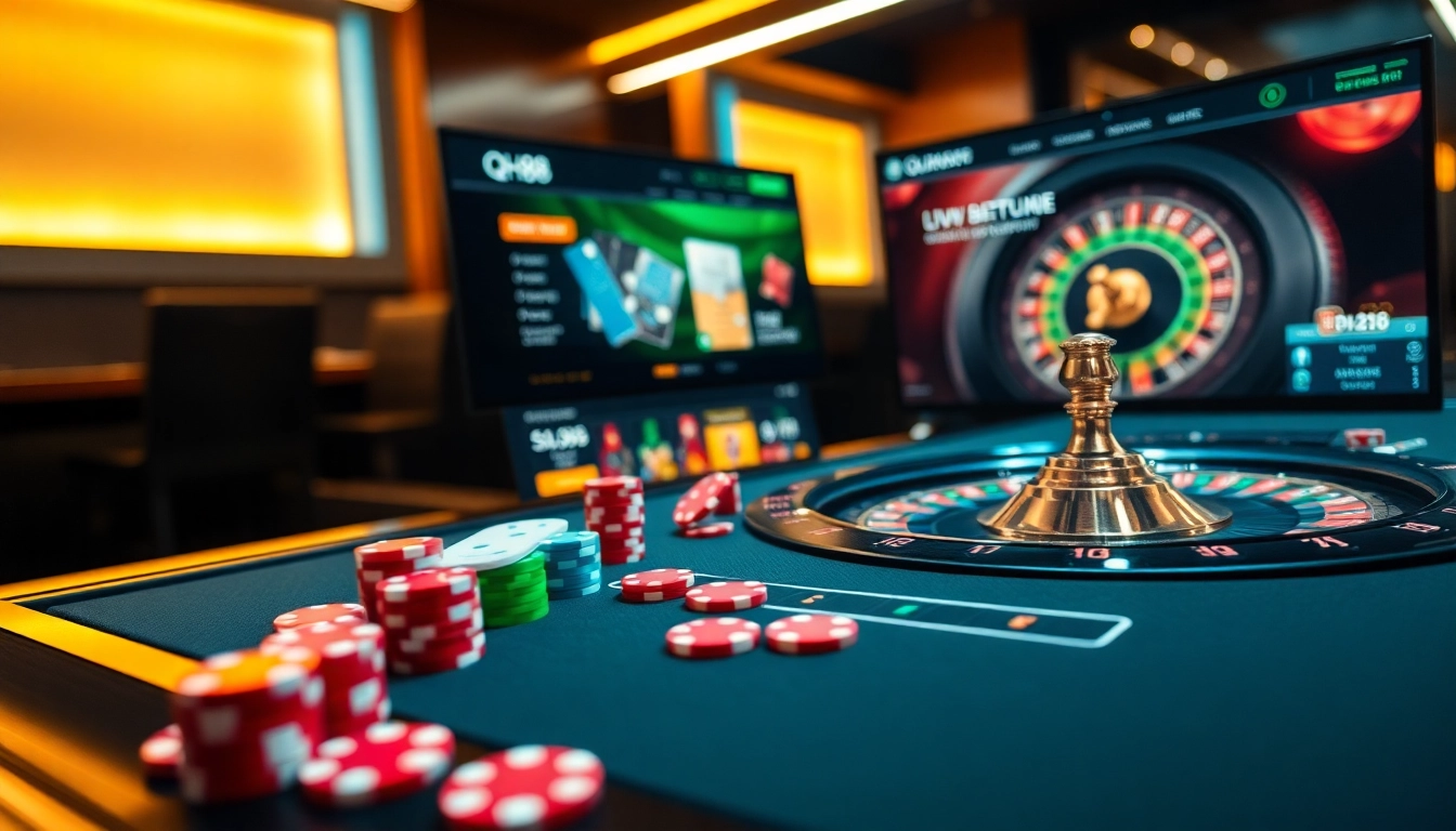 Experience exhilarating gaming at qh88 with vibrant casino elements and a live betting interface.