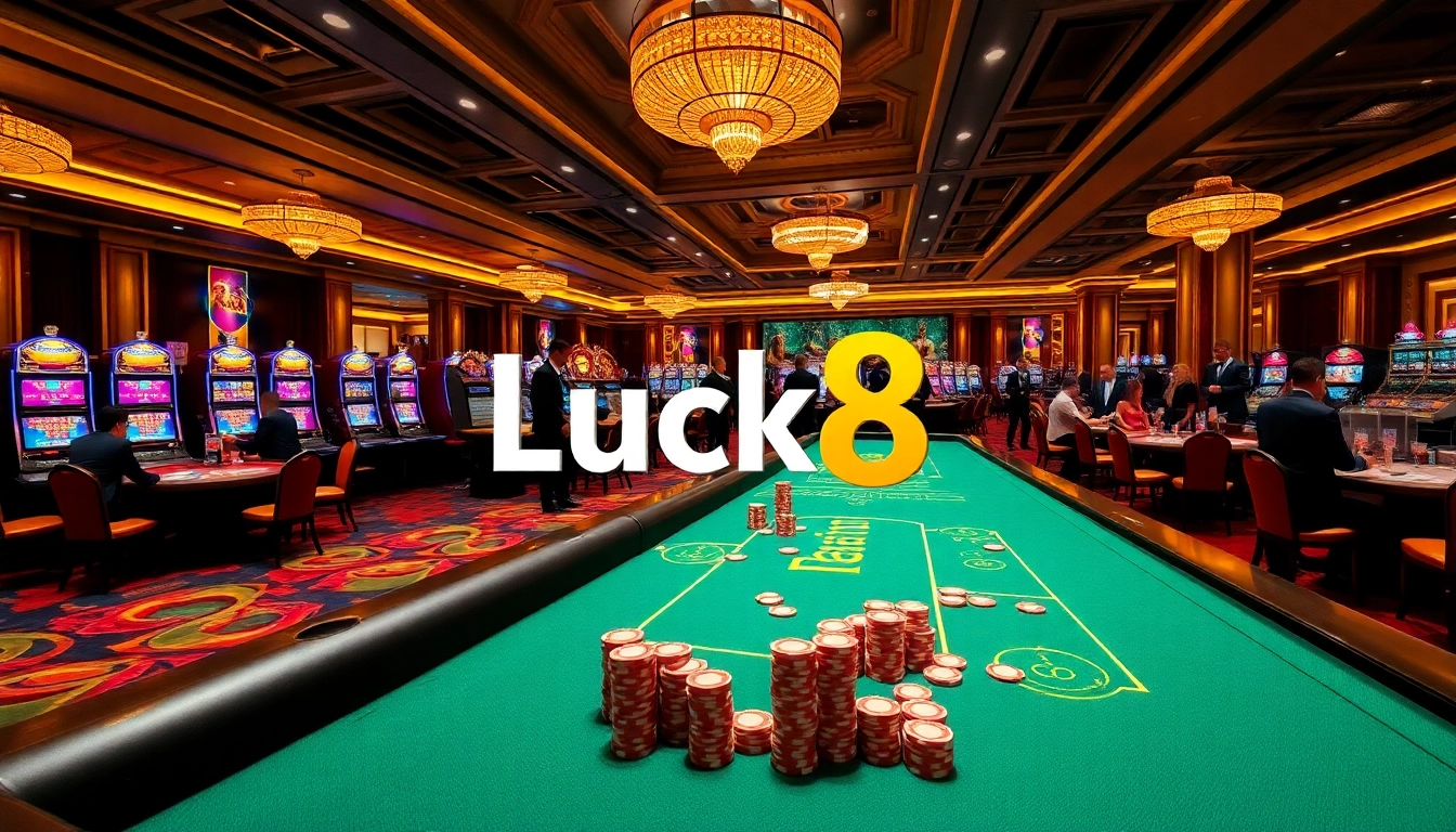 Luck8 casino scene with vibrant slot machines, poker chips, and excited players.