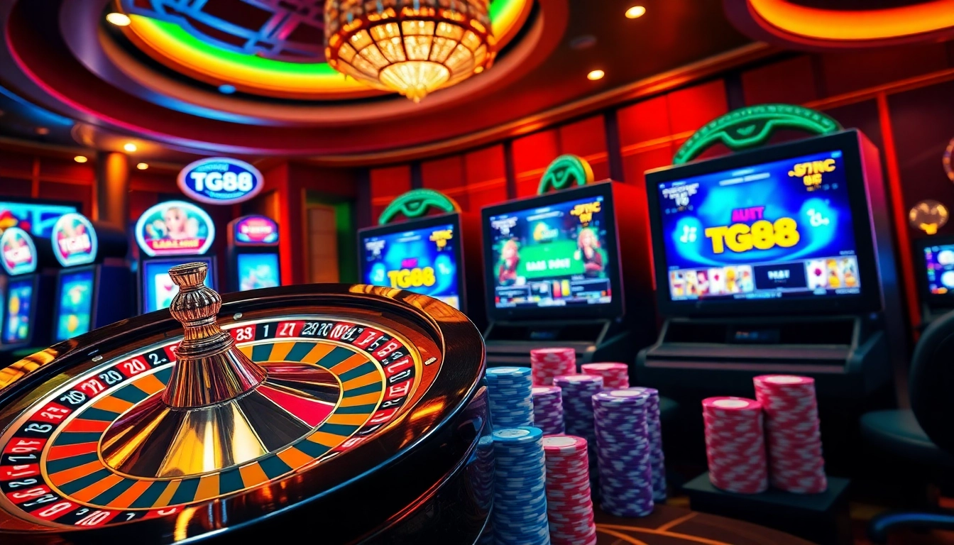 Experience the excitement of tg88 with vibrant slot machines and a spinning roulette wheel.