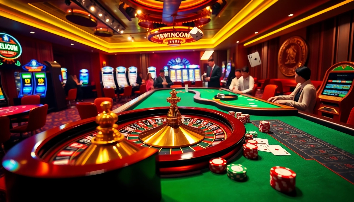 Exciting gambling atmosphere at 78WINCOM featuring colorful poker chips, roulette wheel, and engaged players.