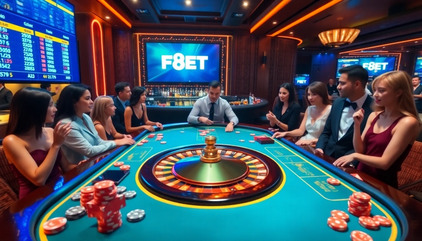 Join the thrilling action at F8BET with poker chips and roulette in a vibrant casino atmosphere.