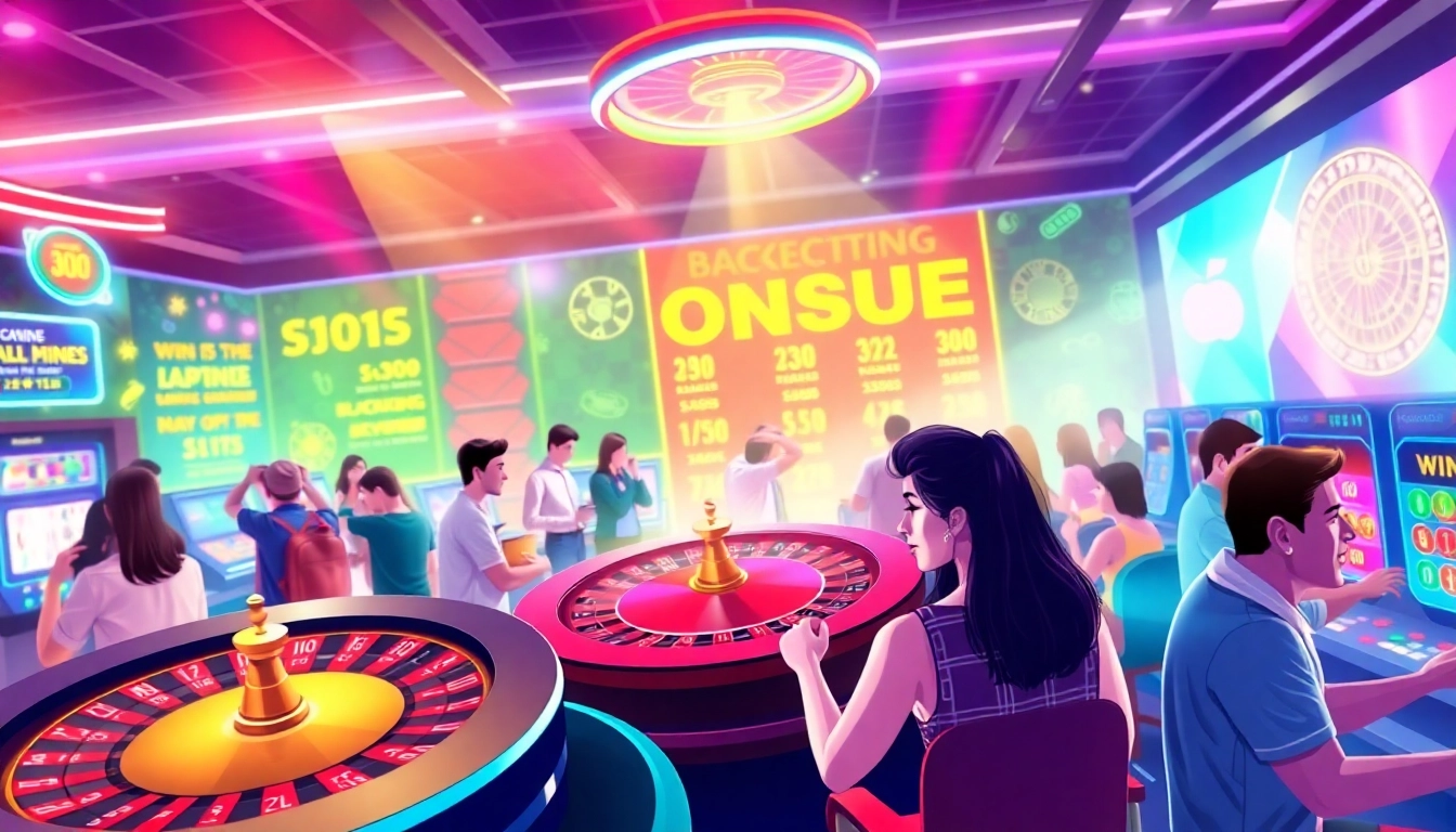 Joueurs enthousiastes jouant au casino en ligne dans un cadre virtuel dynamique