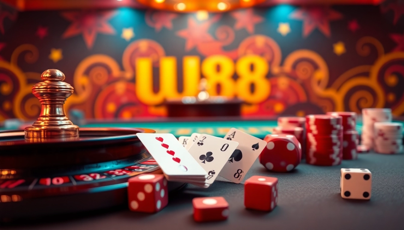 UU88 gaming scene showcasing an exciting roulette wheel and poker cards in a luxurious casino setting.