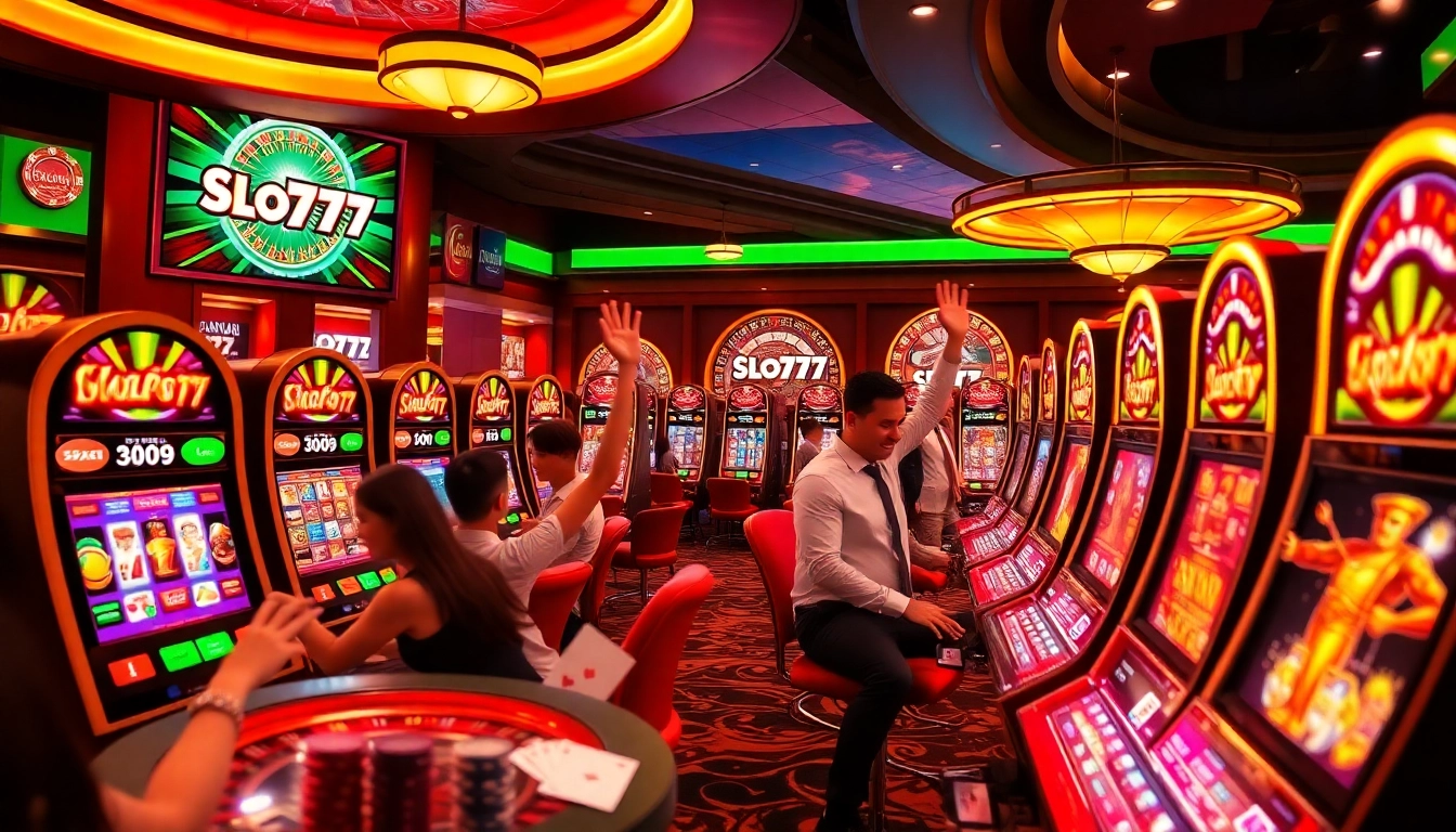 Experience the thrill of Slot777 with players enjoying vibrant slot machines in a luxurious casino setting.
