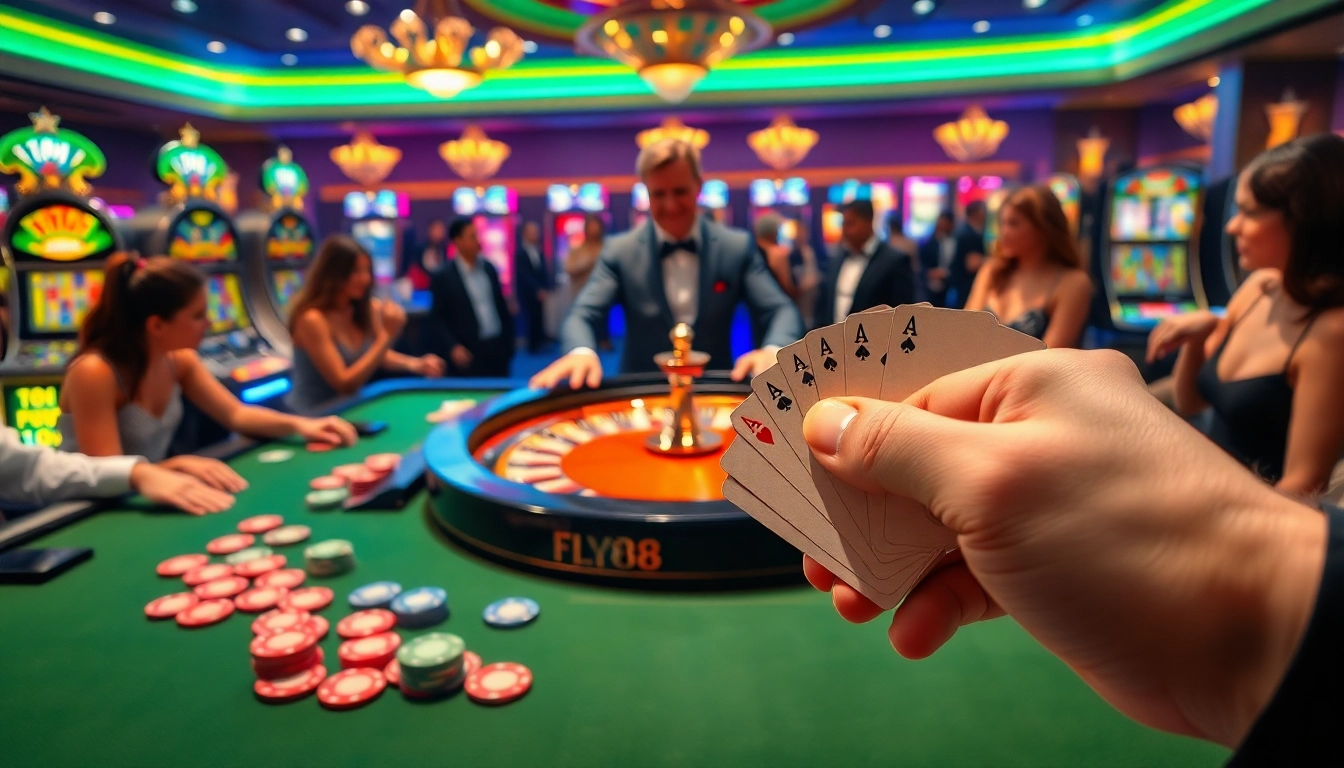 Exciting casino scene at FLY88 COM with roulette, cards, and vibrant atmosphere.