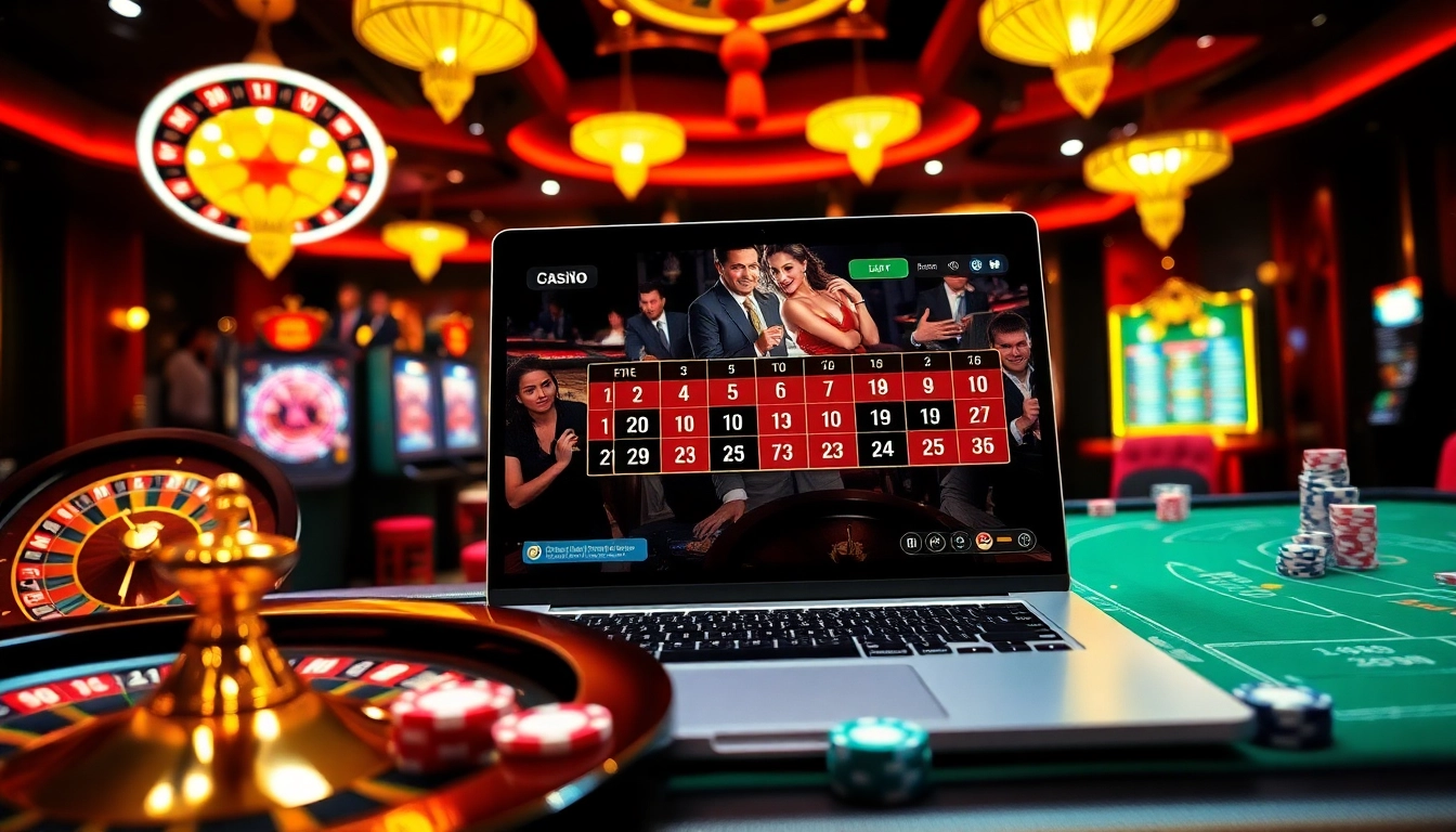 Atmosphère de jeu excitante mettant en avant le casino en ligne France avec des roues de roulette et des jetons de poker.