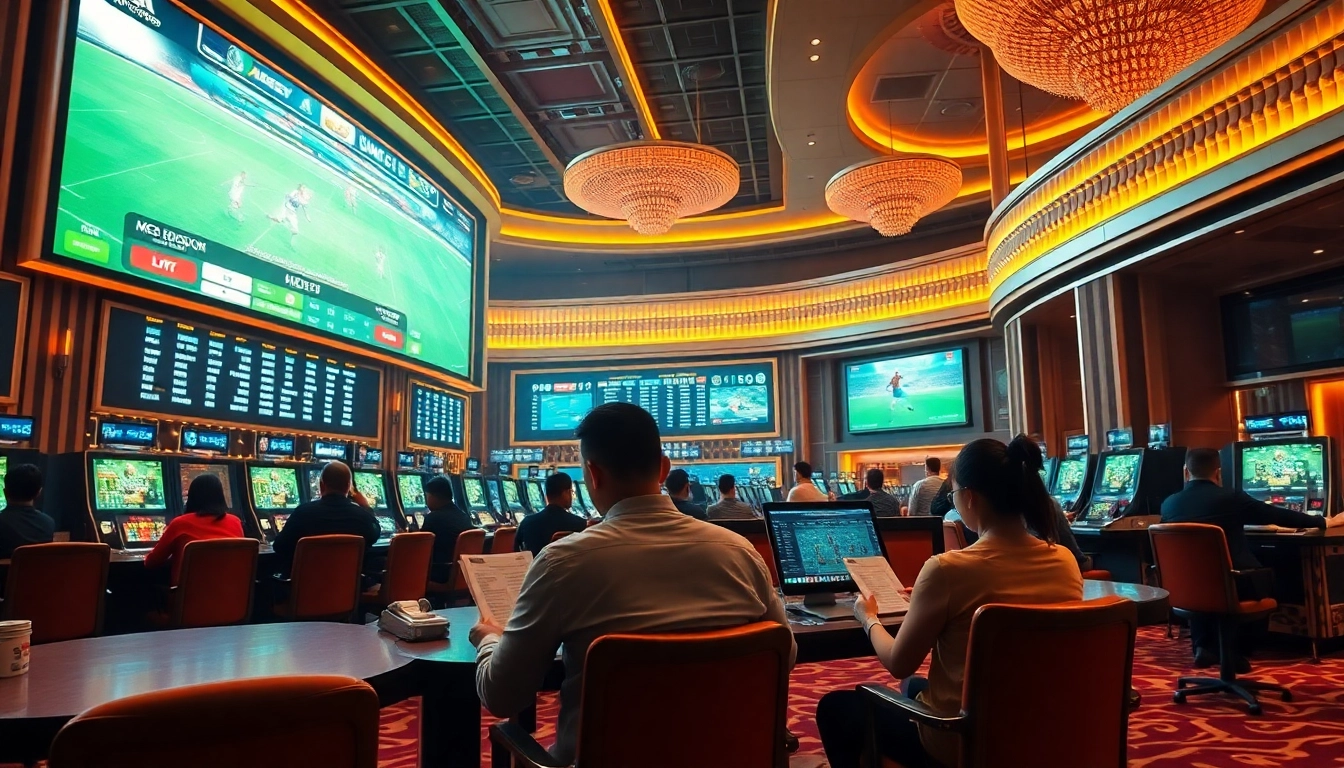 Intense action at a sportsbook showcasing kèo bóng đá bets with eager players and live match displays.