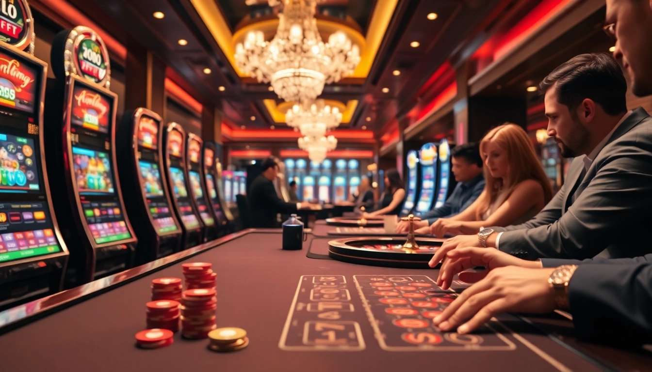 Nohu90 casino scene with players engaged in exciting games and vibrant slot machines