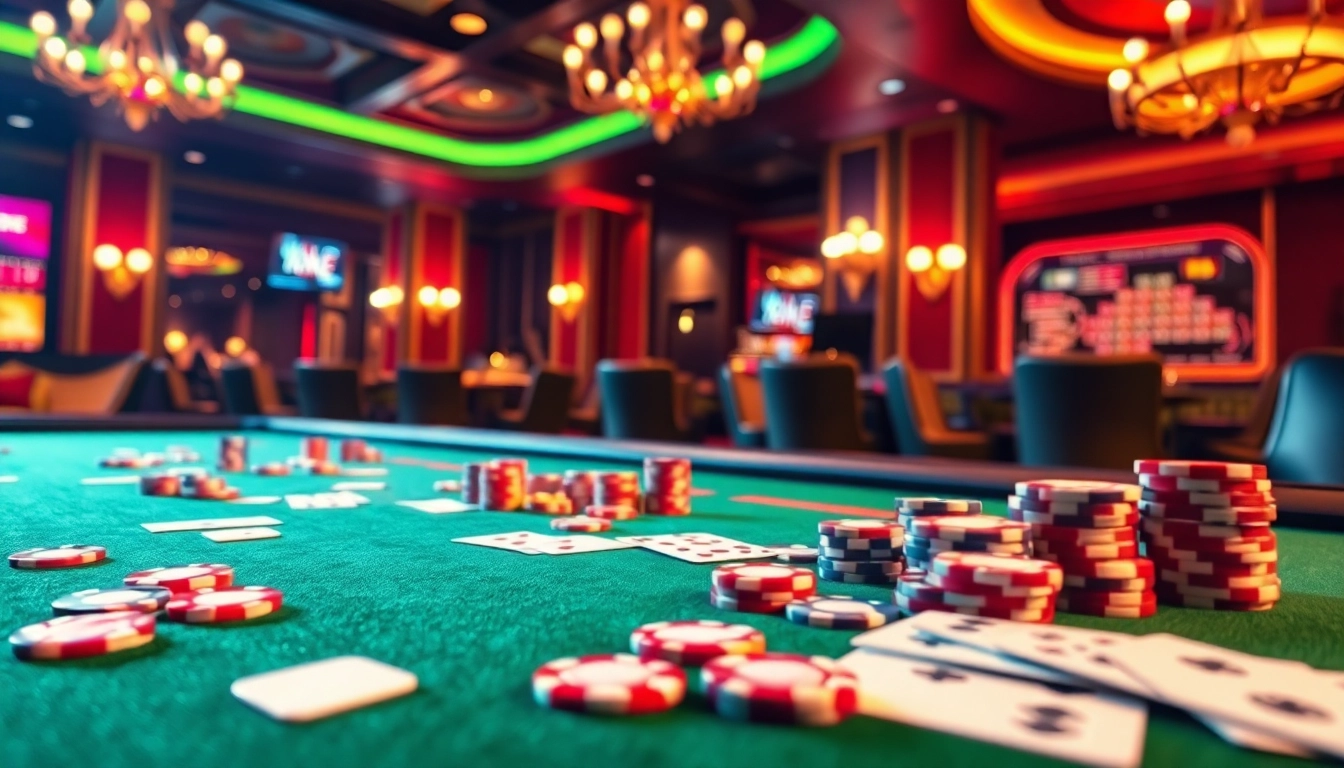 Jouez aux jeux de casino en ligne avec des cartes et des jetons colorés sur une table élégante.