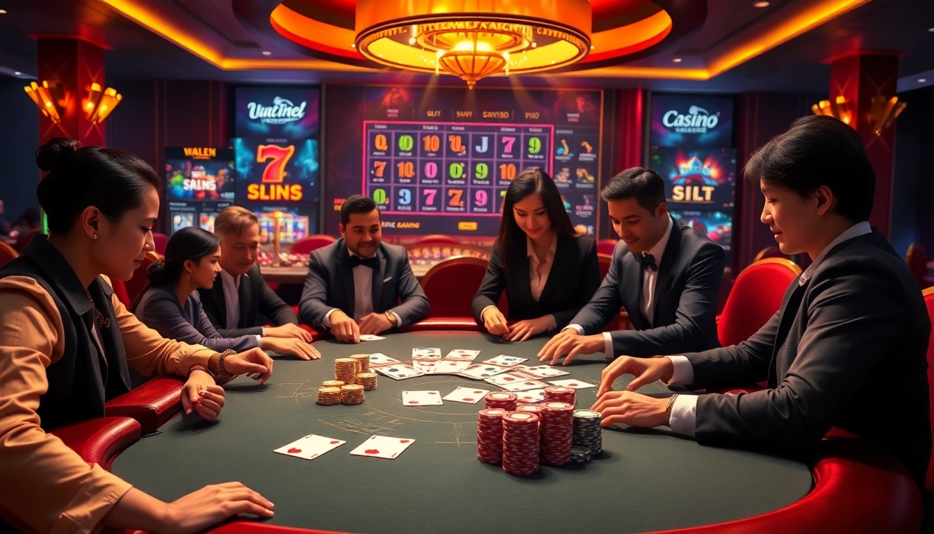 Scène captivante montrant l'excitation du meilleur casino en ligne 2032 avec des jetons de poker, des cartes et des interfaces numériques.