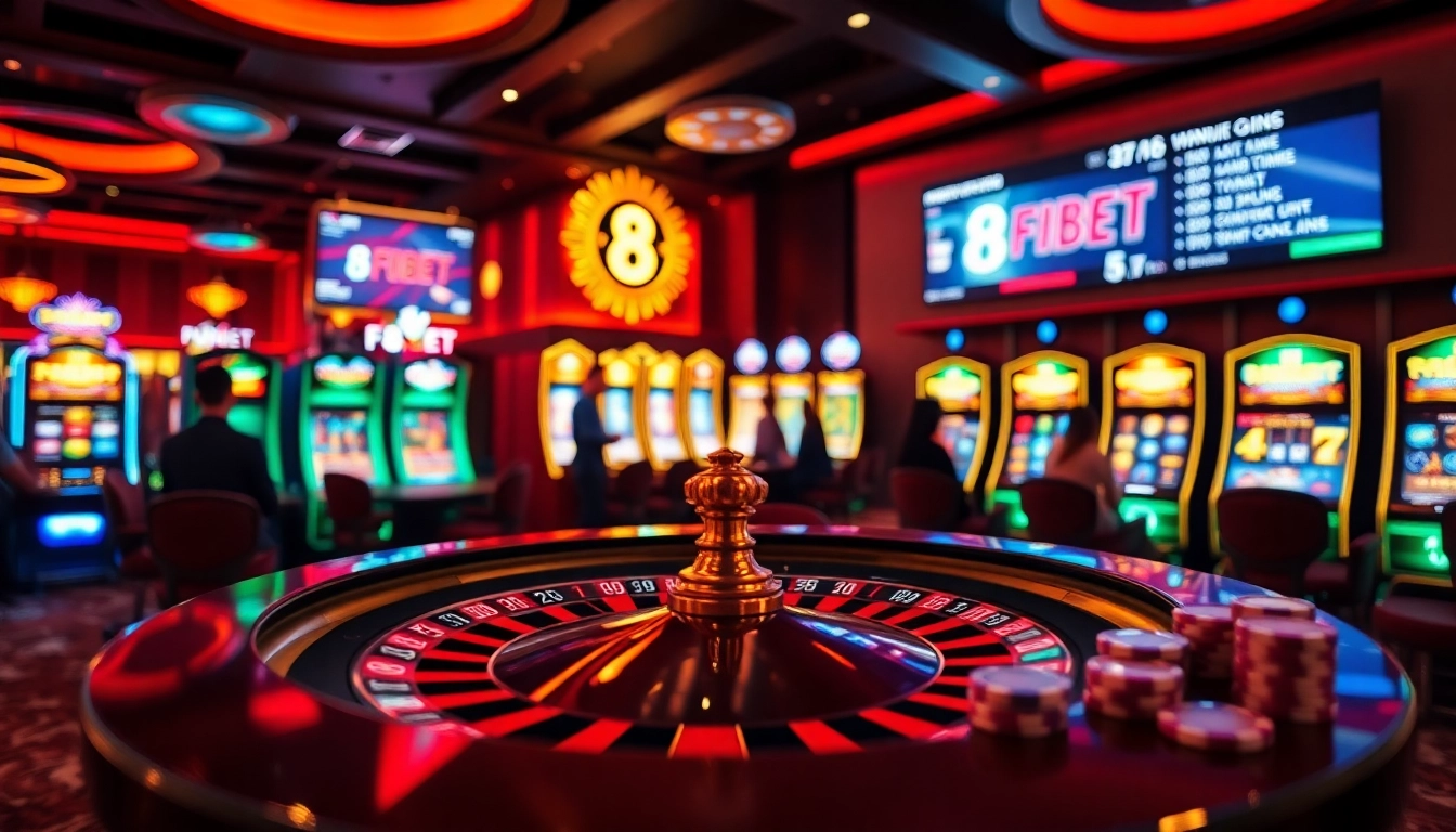 Players enjoying various games at F8BET’s vibrant casino, showcasing roulette, slots, and poker.