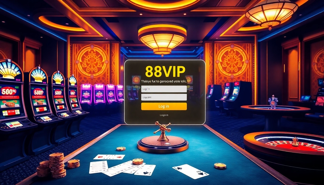 Login to Đăng Nhập Nhà Cái 68VIP with a luxurious casino backdrop featuring vibrant slot machines.