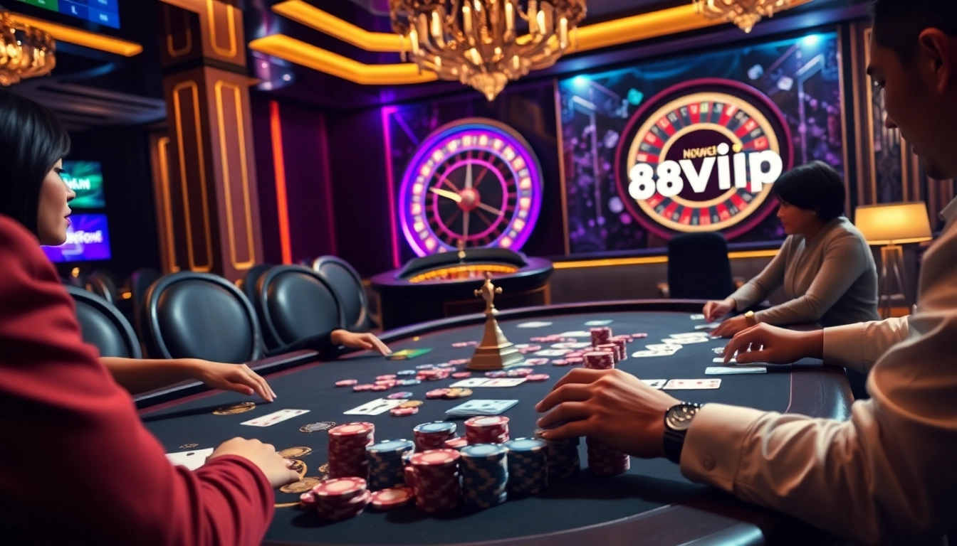 Players excitedly engaging in poker at a luxurious table in "Đăng Nhập Nhà Cái 68VIP" scene.