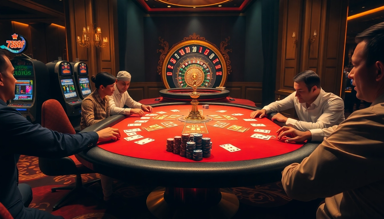 Players enjoy a thrilling game at the 789f casino table with vibrant chips and cards.