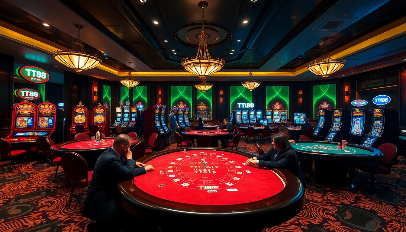 Experience the excitement at TT88 with stunning casino visuals, featuring poker tables and vibrant slot machines.