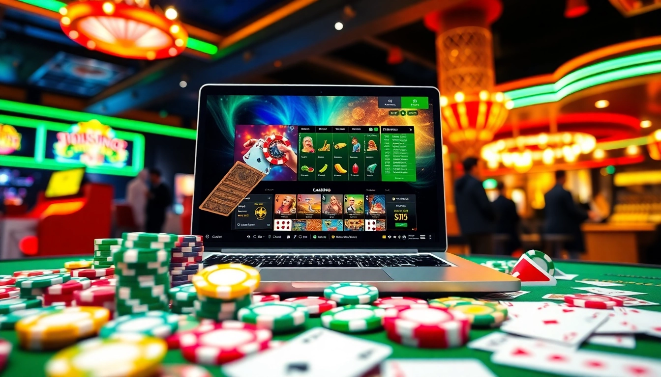 Visitez le meilleur casino en ligne, un écran de jeux captivants entouré de jetons et de cartes colorées.