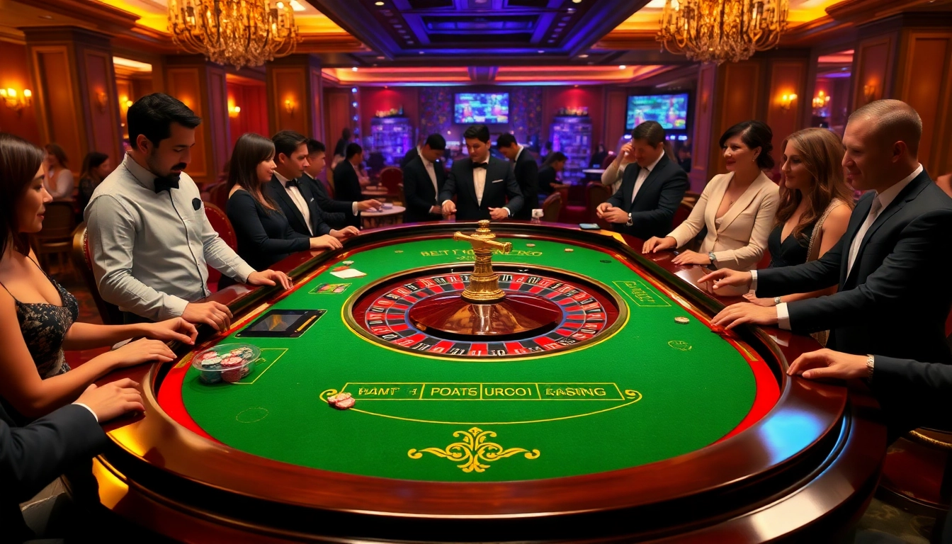 Players engaging in an exciting roulette game at https://debet13.com/, showcasing luxury and thrill in casino gambling.