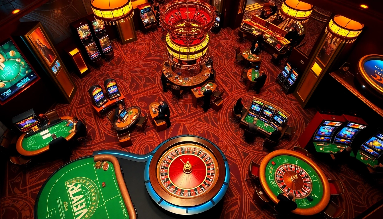 Experience the luxurious gaming environment at https://five88az.com/, featuring elegant tables and vibrant slot machines.
