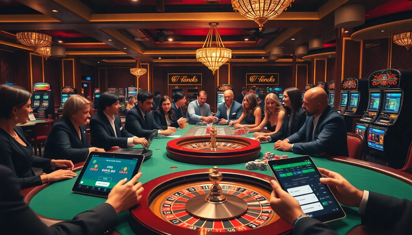 Players placing bets and enjoying games at luxurious casino tables with go8 branding.