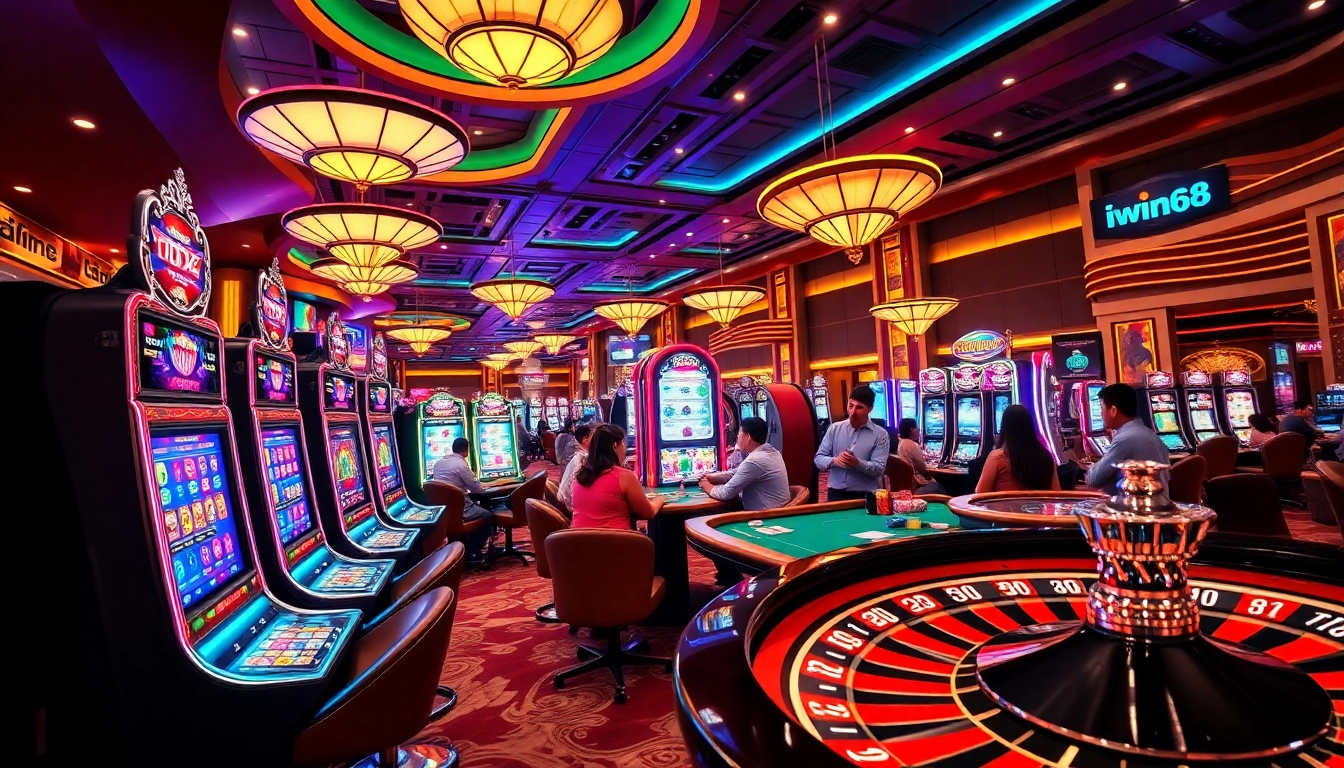 Iwin68 online casino players engaging with vibrant slot machines and poker tables in a thrilling gaming atmosphere.