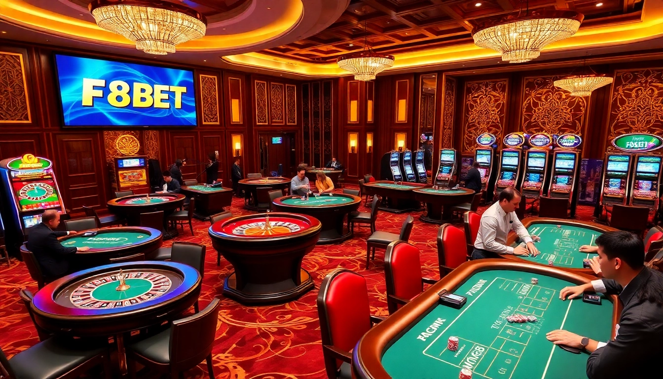 Players enjoying diverse games at F8BET casino, vibrant atmosphere with roulette and poker tables.