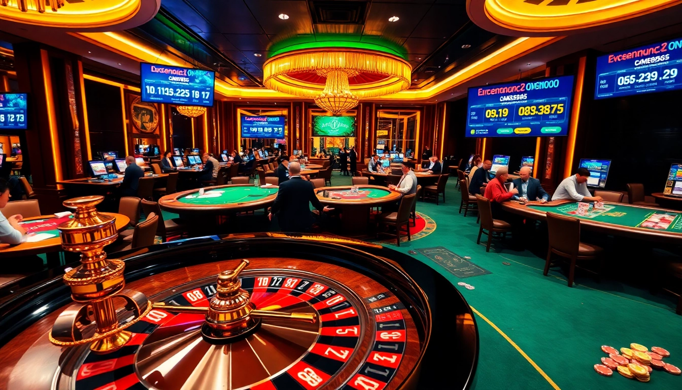 Experience the thrill of gambling at OK8386 with an elegant casino scene showcasing tables and games.