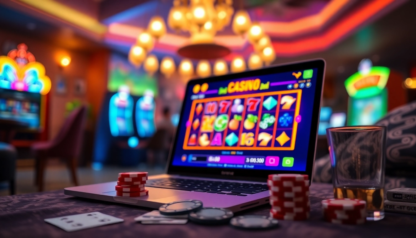 Jouer à casino en ligne sur un ordinateur portable entouré de jetons et de cartes.