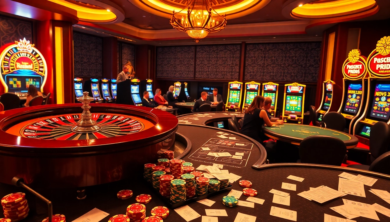 Scene of a lively casino atmosphere, showcasing meilleur casino en ligne 2031 with poker tables and colorful slot machines.