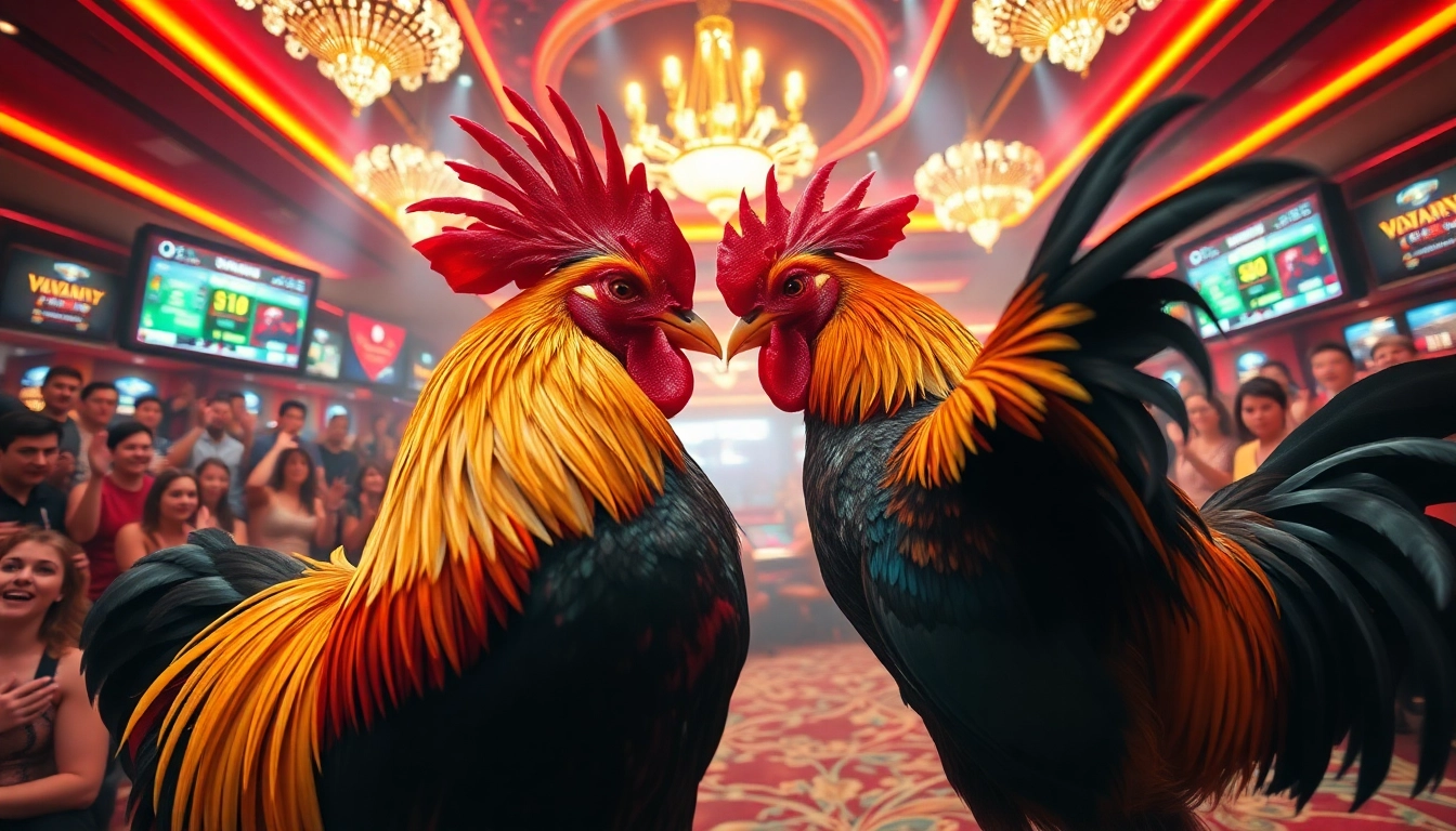 Engage with đá gà trực tiếp as players watch live cockfights in a vibrant casino atmosphere.